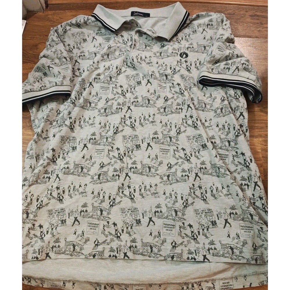Fred Perry Margate Collection Whitsun Weekend Men's 2XL Grey Polo AOP Comic